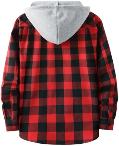 Men’s Plus Size Plaid Patchwork Hooded Jacket – Button Front Casual Outerwear with Pockets