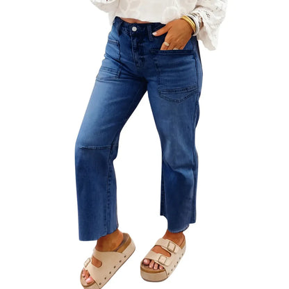 Women's Frayed Cropped Straight Jeans with Pockets