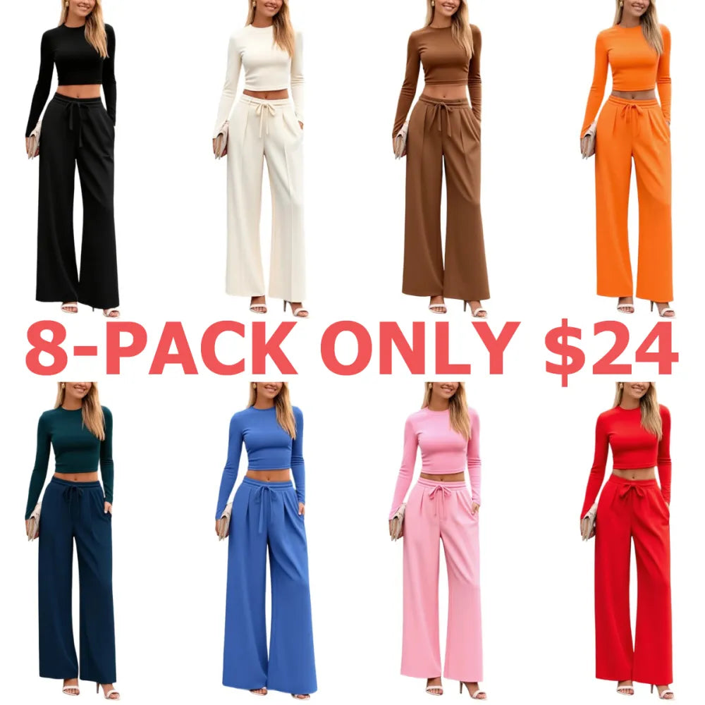2-Piece Ribbed Knit Long Sleeve Crop Top Wide Leg Pants Matching Lounge Set Loungewear