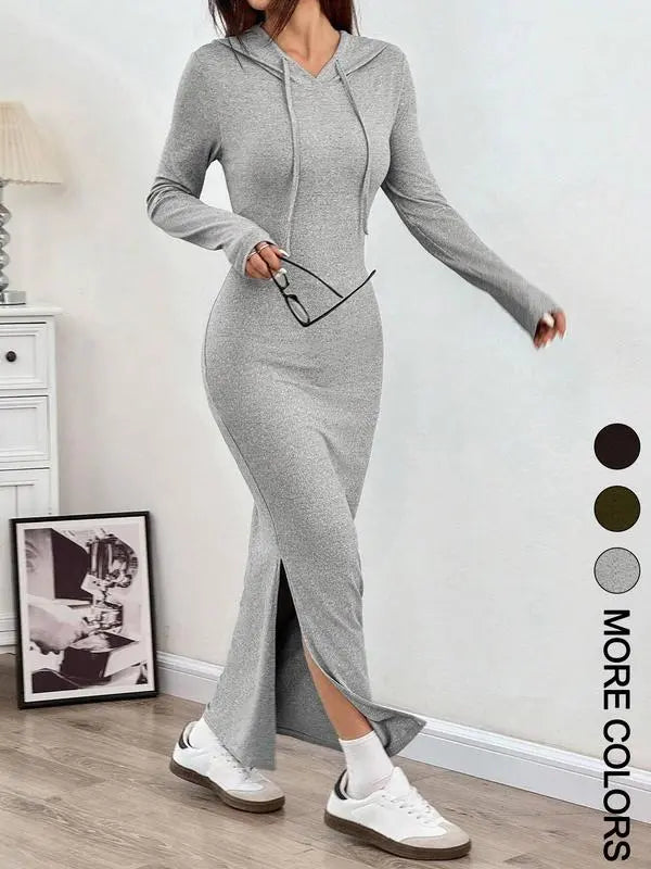 Women's Hooded Drawstring Slim Fit Long Sleeve Knit Dress