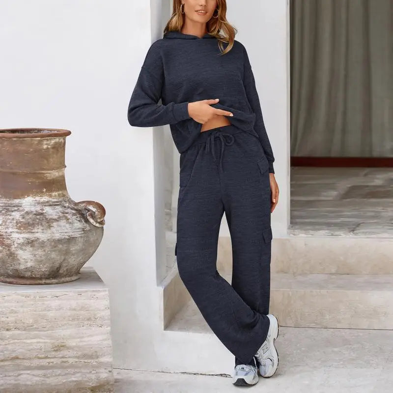 Womens Fall Outfit 2-Piece Knitted Sets Hoodie Tracksuits Wide Leg Pants With Pocket And DrawString Long Sleeve Hooded Kangoroo Pocket Tops Knitwear Sporty Loungwear, Womenswear Travel Outfit