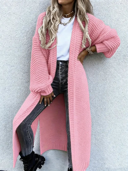 Women's Solid Split Hem Bishop Sleeve Open Front Longline Cardigan, Knit Clothing for Daily Wear, Womenswear
