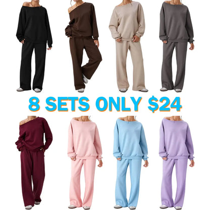 Women's Leisure Solid Color Sloping Shoulder Long Sleeve Top & Wide Leg Trousers Co-ord