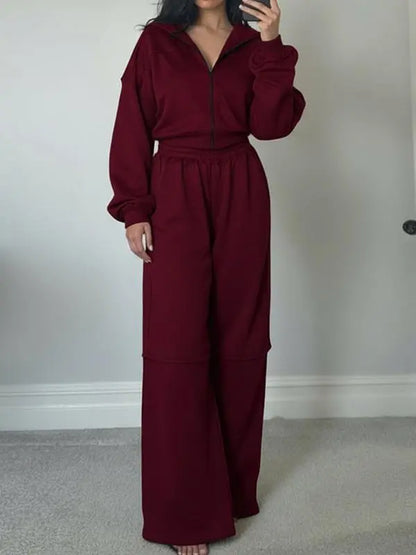Women's Solid Zip Up Hooded Sweatshirt & Pocket Elastic Waist Pants Two-piece Set