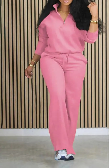 Women's Solid Half Placket Split Hem Pants Set