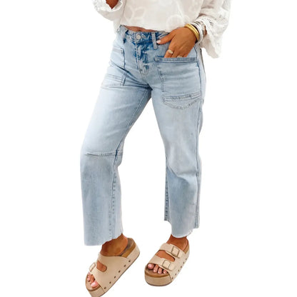 Women's Frayed Cropped Straight Jeans with Pockets