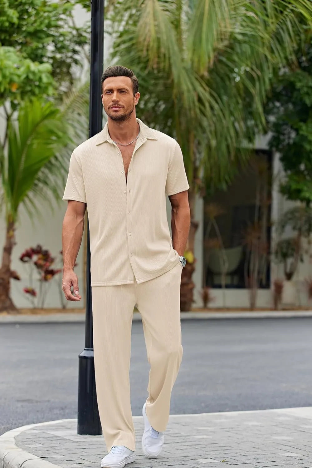 Men's 2 Piece Outfit Casual Short Sleeve Button Down Shirt Beach Summer Loose Pant Sets