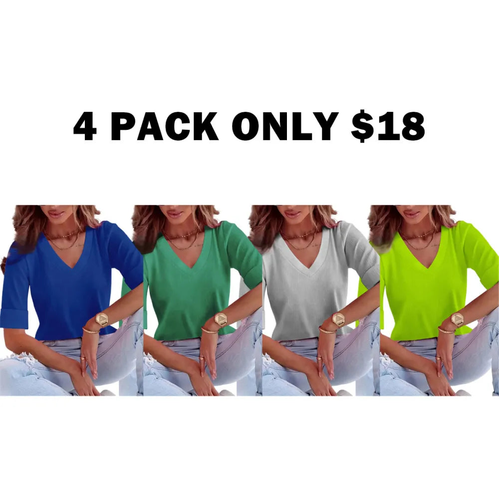 Plus Size Solid V Neck Roll Up Sleeve Tee