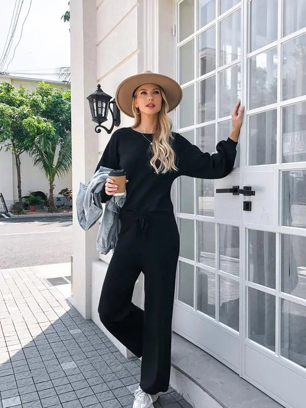 Women's two-piece set long sleeved pullover top with pockets wide leg pants casual set Pajama Loungewear Nightwear