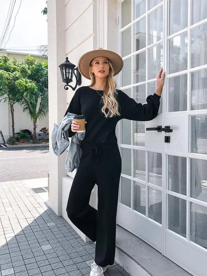 Women's two-piece set long sleeved pullover top with pockets wide leg pants casual set Pajama Loungewear Nightwear