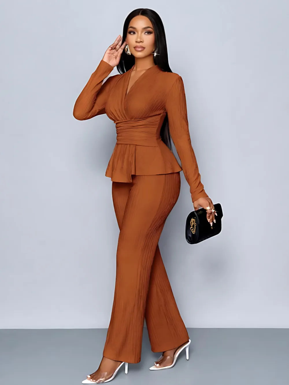 Women's Solid-Color Elegant V-Neck Long-Sleeve and Wide-Leg Pants Set