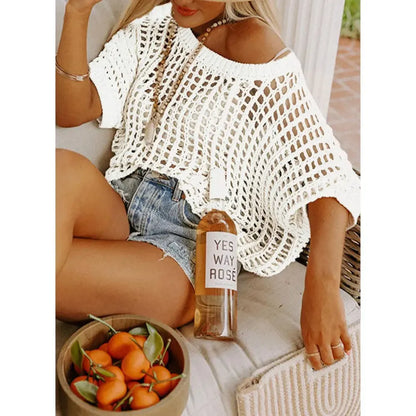🔥Last day promotion🔥Women's Scoop Neck Crochet Knit Short Sleeve Sweater Top