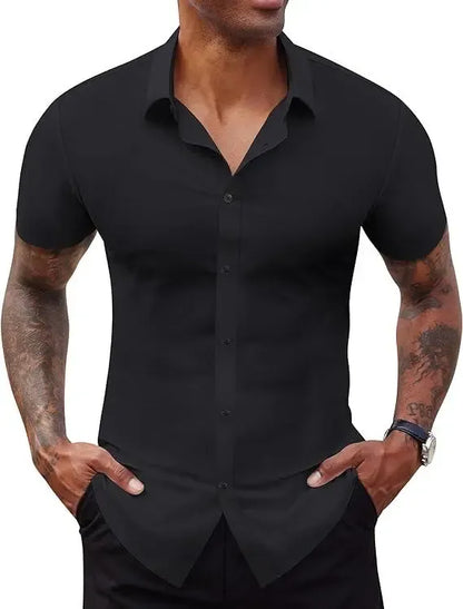 Men's Short Sleeve Stretch Slim Fit Casual Button Down Shirts