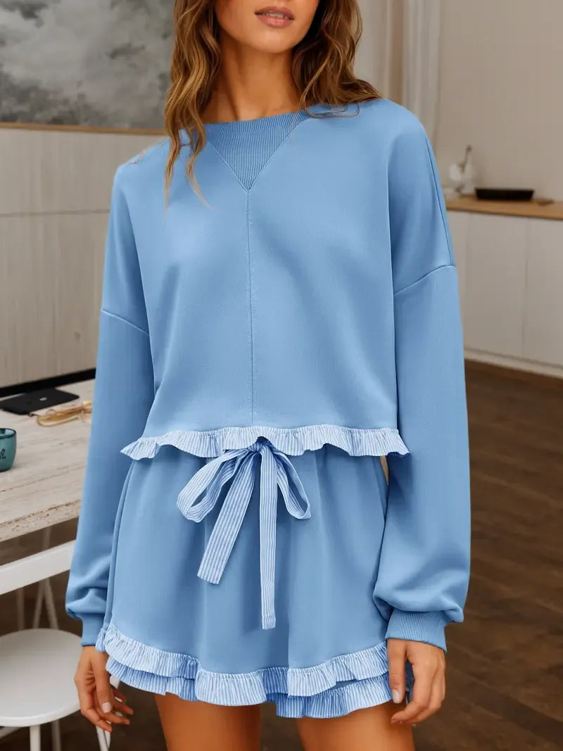 Women's 2 Piece Lounge Sets Ruffle Color Block Cropped Sweatshirts