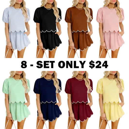 Women's Puff Sleeve Pearl Embellished Scallop Trim Skort Set