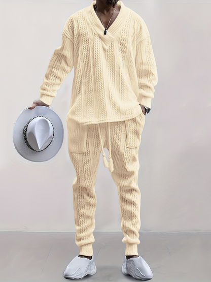 Mens V Neck Sweatshirt Jacquard Tracksuit 2 Piece Men Baggy Sweatsuit Sets Men's Jogging Tracksuit Set Outfit for Men