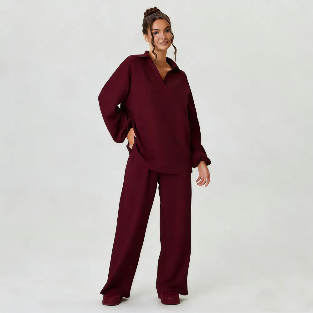 Women's Slouchy Solid Color V-Neck Loose Textured Pullover & Drawstring Waist Trousers Co-ord