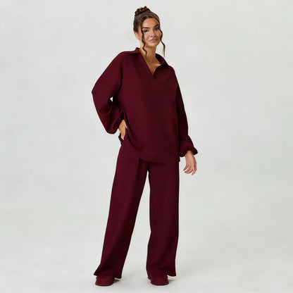 Women's Slouchy Solid Color V-Neck Loose Textured Pullover & Drawstring Waist Trousers Co-ord