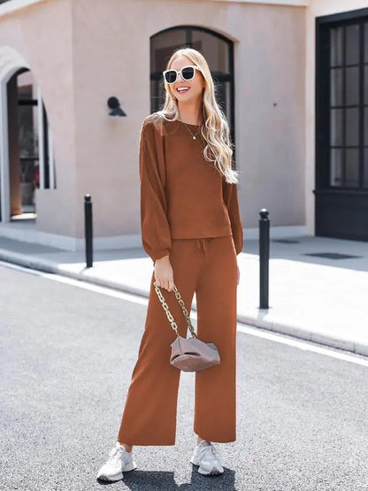 Women's two-piece set long sleeved pullover top with pockets wide leg pants casual set Pajama Loungewear Nightwear