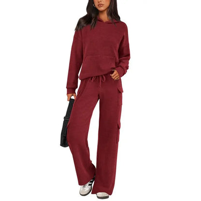 Womens Fall Outfit 2-Piece Knitted Sets Hoodie Tracksuits Wide Leg Pants With Pocket And DrawString Long Sleeve Hooded Kangoroo Pocket Tops Knitwear Sporty Loungwear, Womenswear Travel Outfit