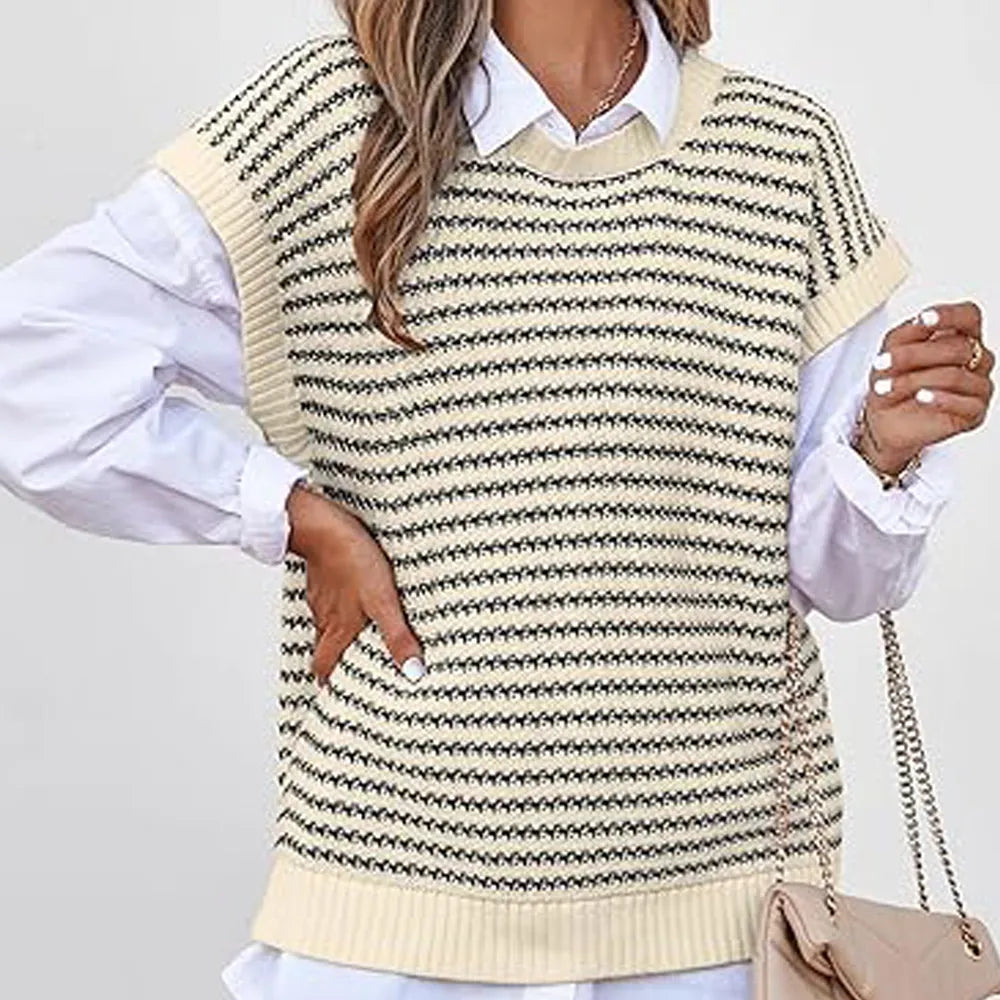 Women's knitted vest, striped pullover, sleeveless top, round neck
