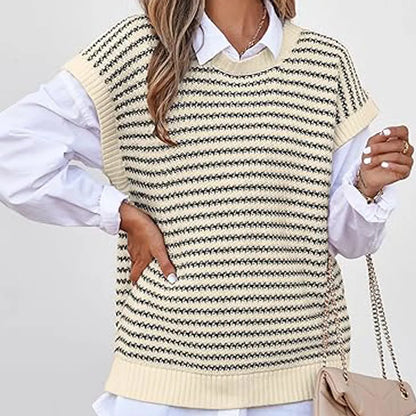 Women's knitted vest, striped pullover, sleeveless top, round neck