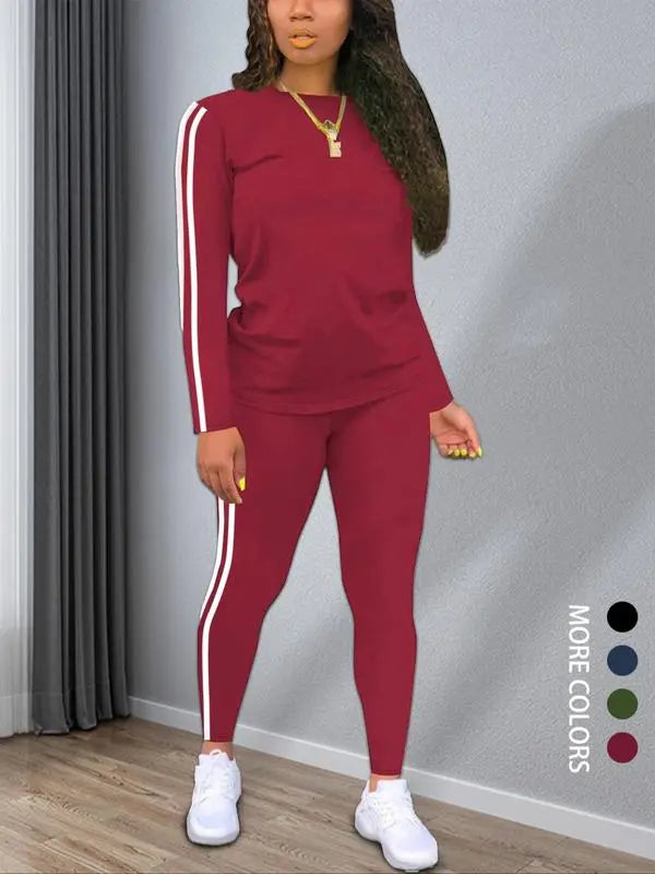 Women's Striped Print Long Sleeve & Pants Two-piece Set