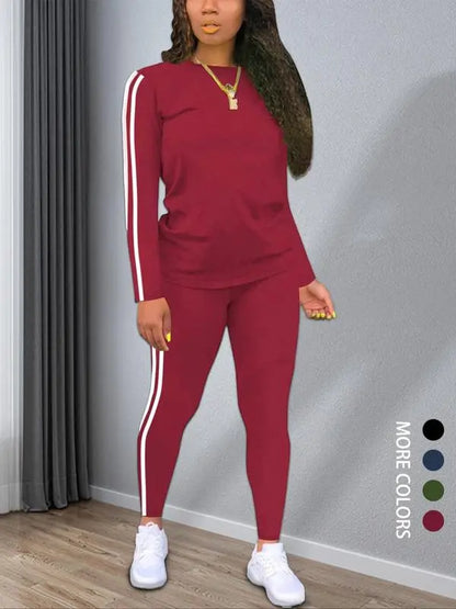 Women's Striped Print Long Sleeve & Pants Two-piece Set