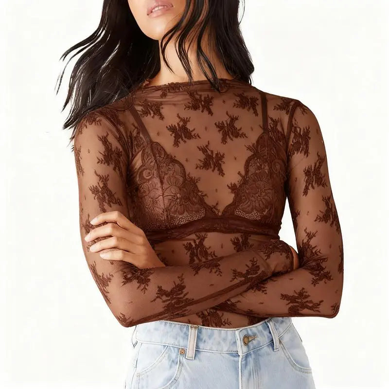 Women's Lace Blouse, Mesh Long-Sleeve Floral Lace Shirt