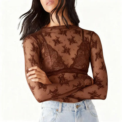 Women's Lace Blouse, Mesh Long-Sleeve Floral Lace Shirt