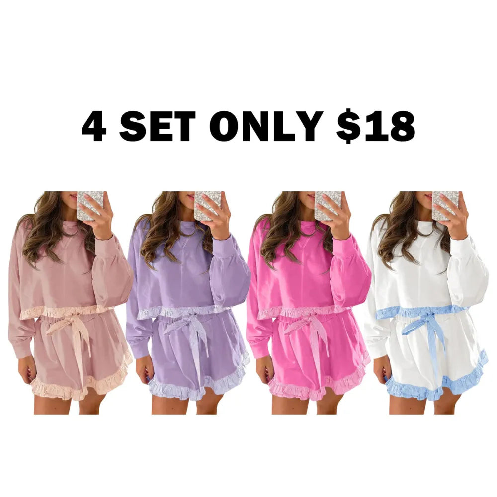 Women's 2 Piece Lounge Sets Ruffle Color Block Cropped Sweatshirts