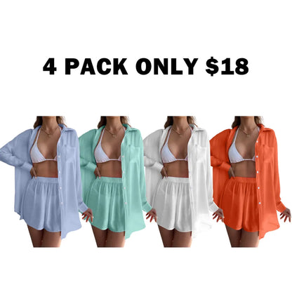 Women's Solid Button Front Pocket Sheer Cover Up Shirt & Shorts Set