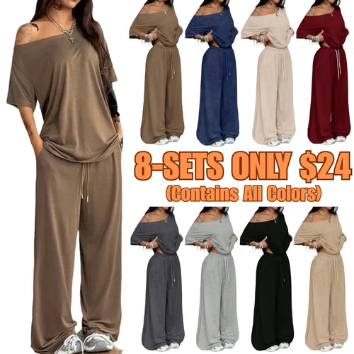 Women's Casual Solid Color Sport Two-Piece Set Loose Long Pants