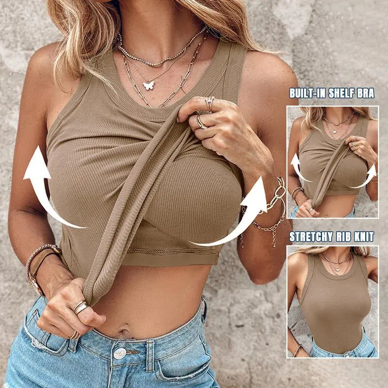 Women'S Ribbed Tank Top With Built-In Bra