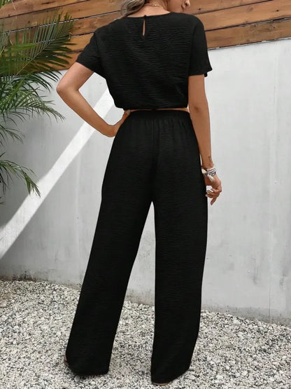 Women's Solid Color Fitted Top & Wide Leg Pants Two-piece Set