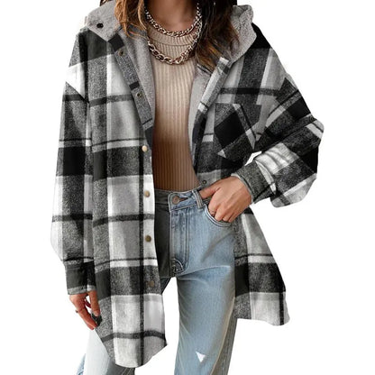 Women's Flannel Hooded Plaid 2025 Shacket
