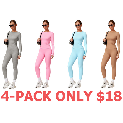 Women's Solid Long Sleeve Skinny & High Waist Leggings Tracksuit Set