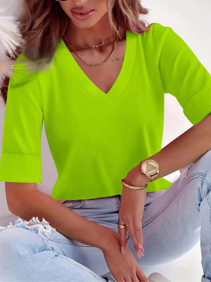 Plus Size Solid V Neck Roll Up Sleeve Tee
