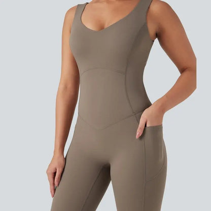 V Neck Butt Lifting Workout Jumpsuit with Pockets