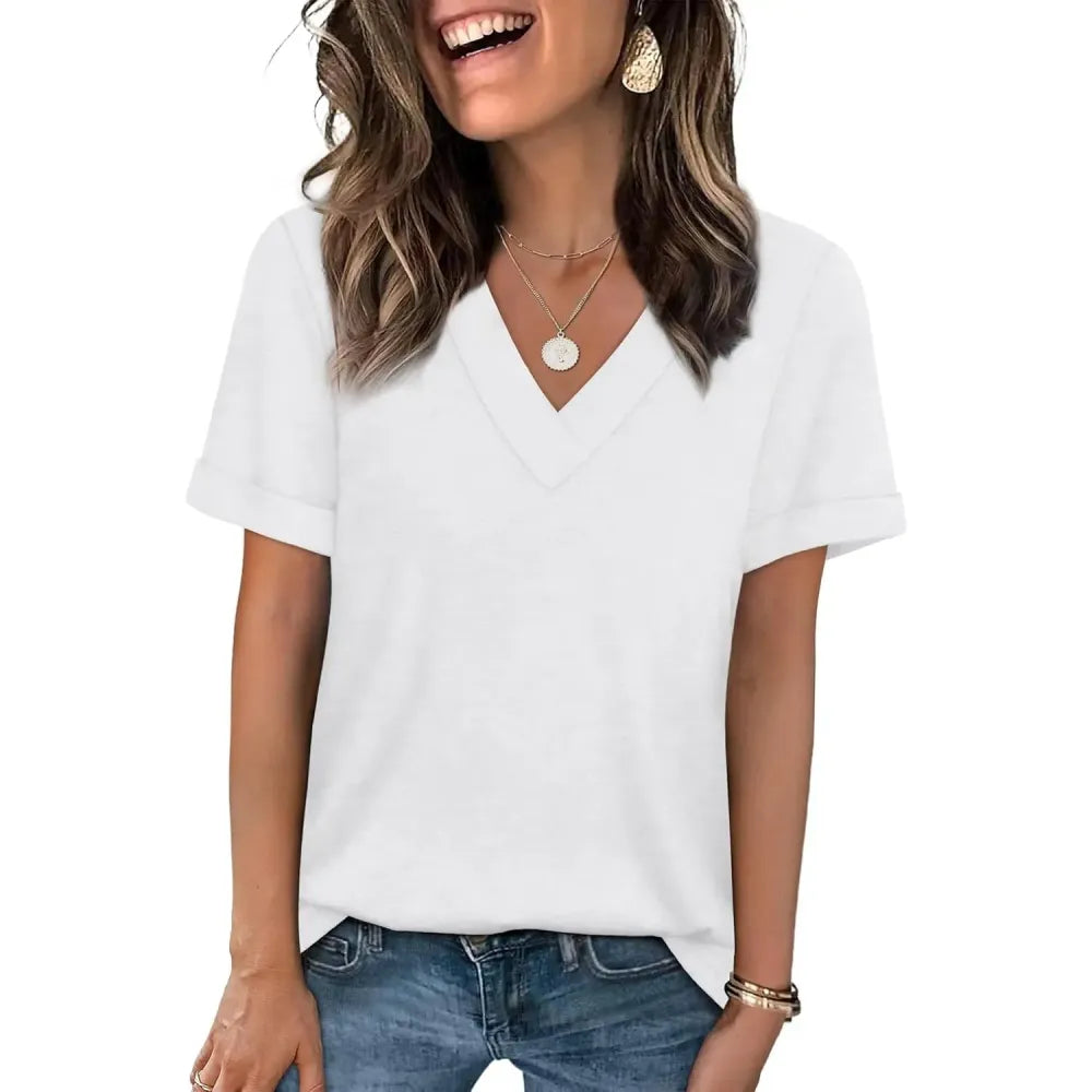 Women's Summer Tops Short Sleeve Basic Casual V Neck T Shirts