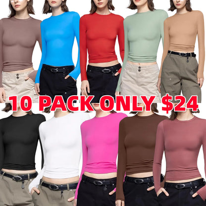 Long Sleeve Basic Tee Women's Crew Neck Slim Fit Tops Streetwear Minimalist Double Layer Compression Tee