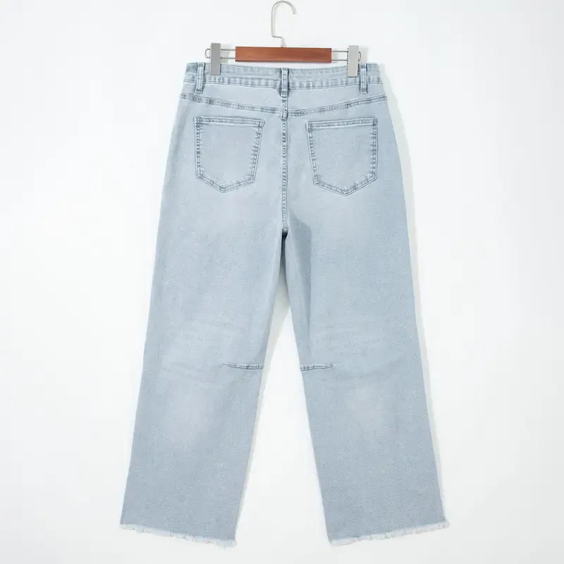 Women's Frayed Cropped Straight Jeans with Pockets