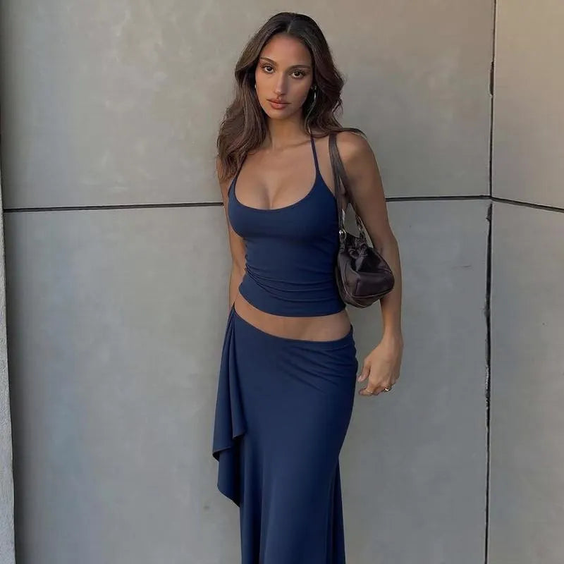 Solid-Color Sleeveless Backless Tie-Strap Camisole and Slim-Fit Side-Slit Maxi Skirt Two-Piece Set