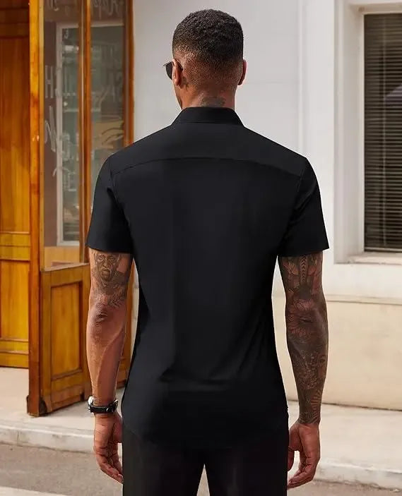 Men's Short Sleeve Stretch Slim Fit Casual Button Down Shirts