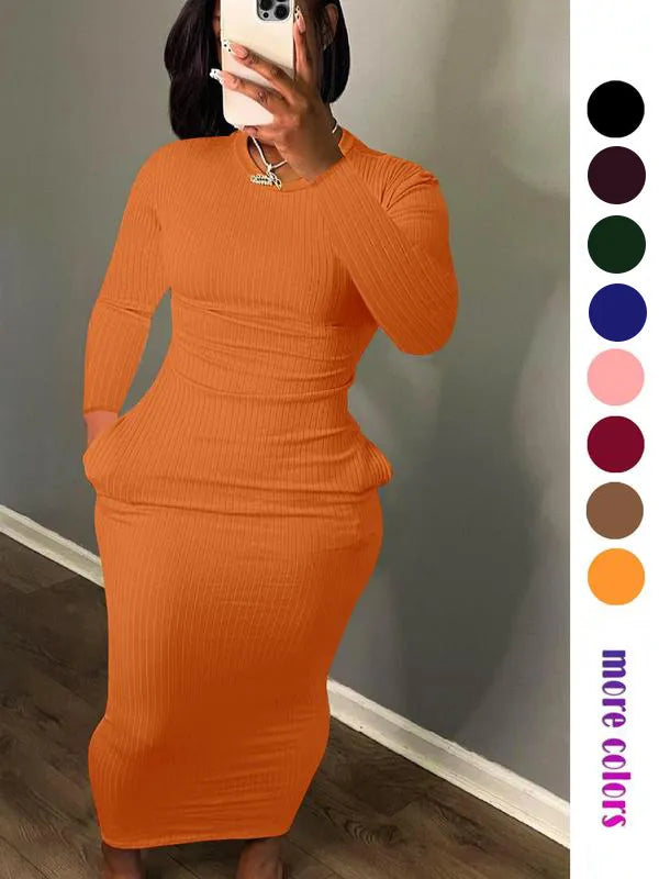 Women's Solid Pocket Long Sleeve Bodycon Dress