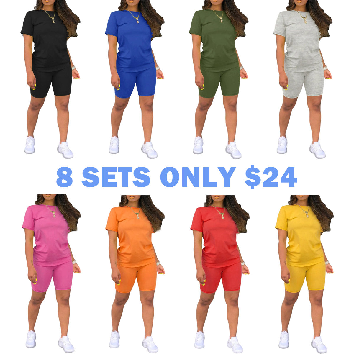 Two-piece Set Women's Fitted Plain Round Neck Tee & Skinny Shorts Set
