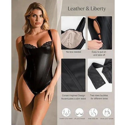 Basic sexy faux leather corset bodysuit