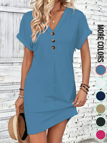 Women's Plain Button V Neck Tee Dress