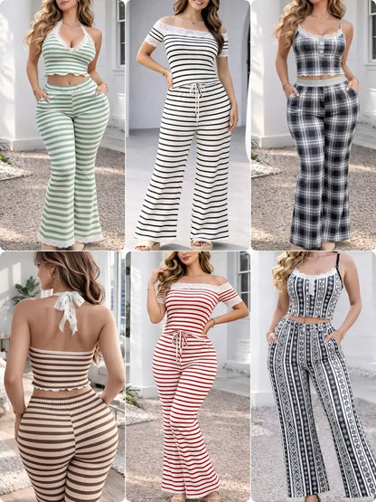 2pcs Women's Off Shoulder Top & Pants Striped Set