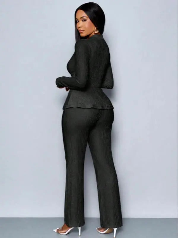 Women's Solid-Color Elegant V-Neck Long-Sleeve and Wide-Leg Pants Set
